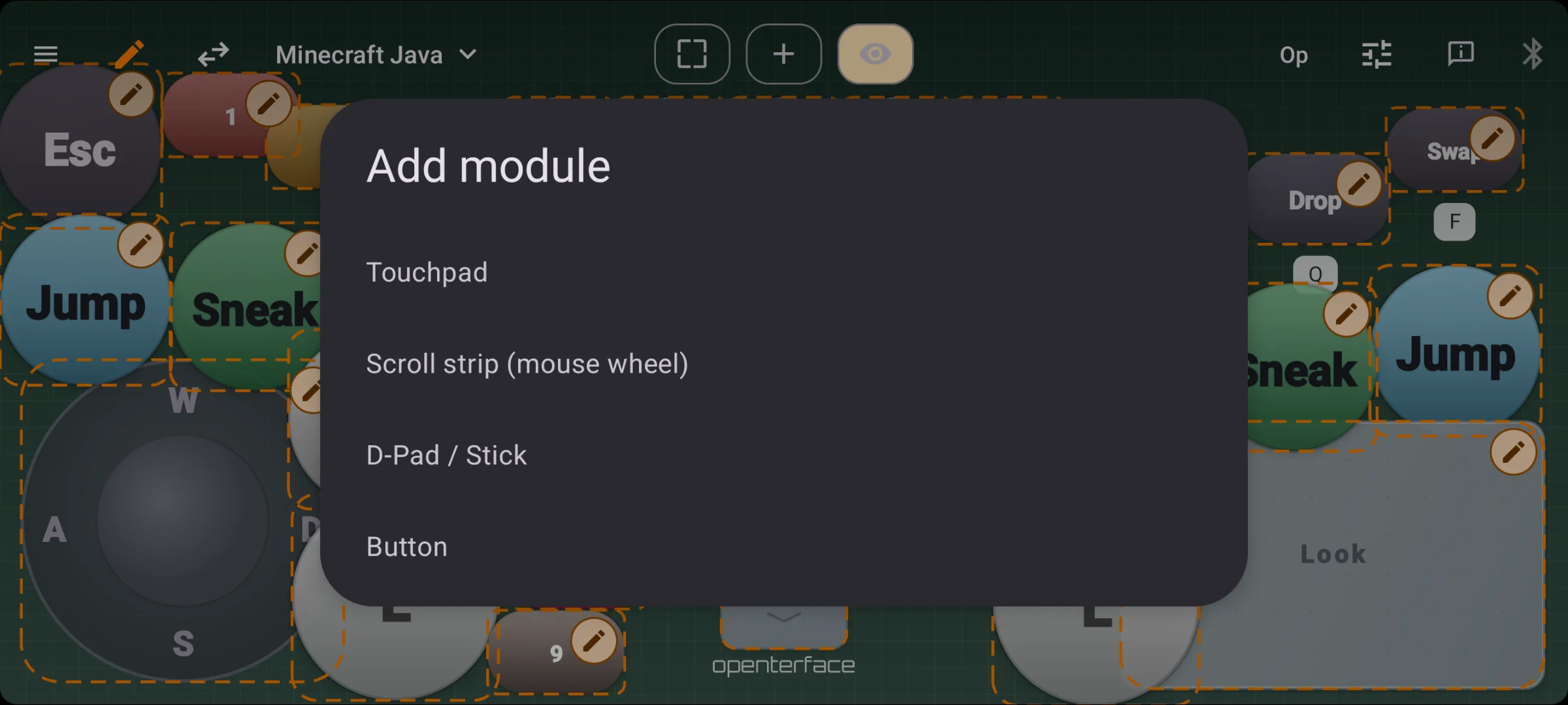 Add modules to a gamepad preset: D-pad, stick, touchpad, buttons